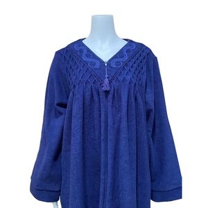 Embroidered Zip Front Robe Housecoat Blue Honeycomb Fleece
